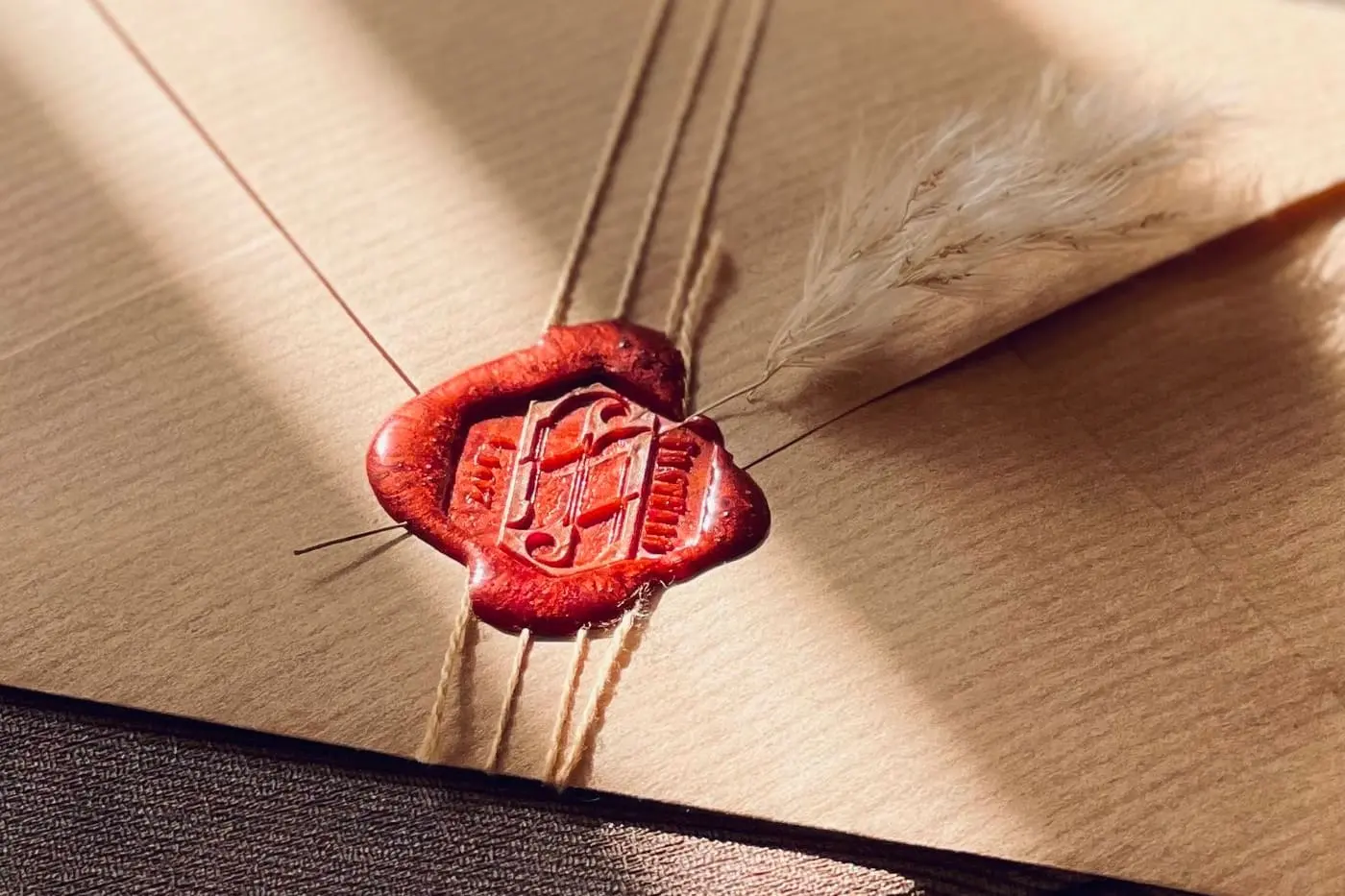 A kraft-paper envelope closed with twine and a red wax seal